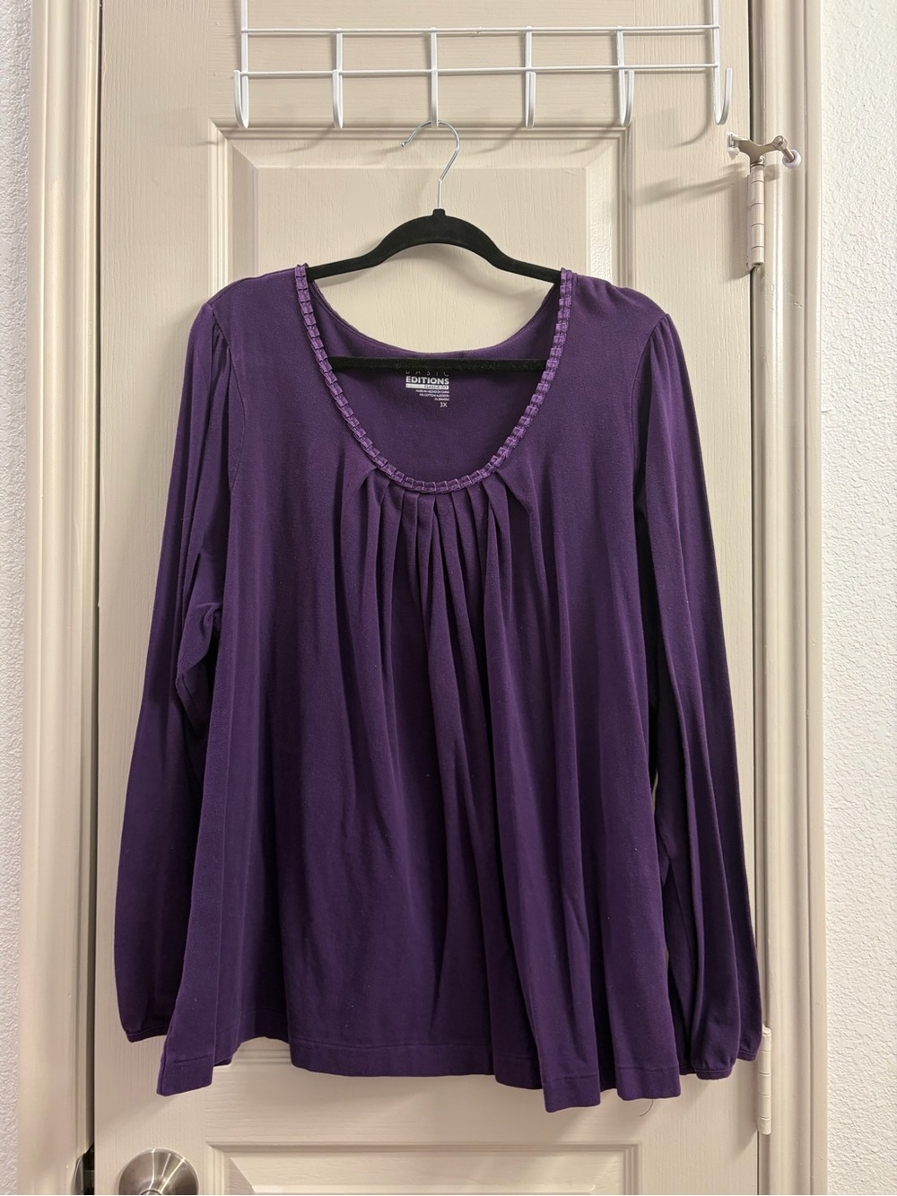 Basic Editions Purple Long-Sleeve Pleated Scoop Neck Top